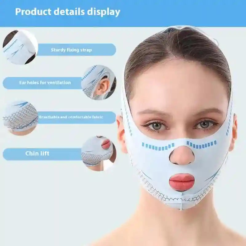 Woman wearing a light blue V-line face lifting mask featuring ear holes and textured, breathable fabric details.