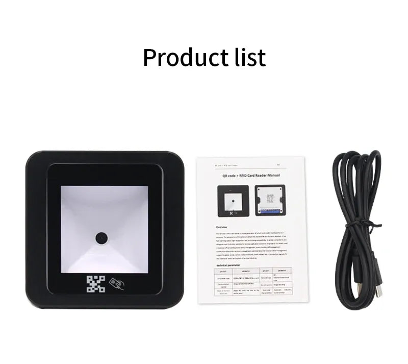 Black QR code reader with instruction sheet, cables, and front window