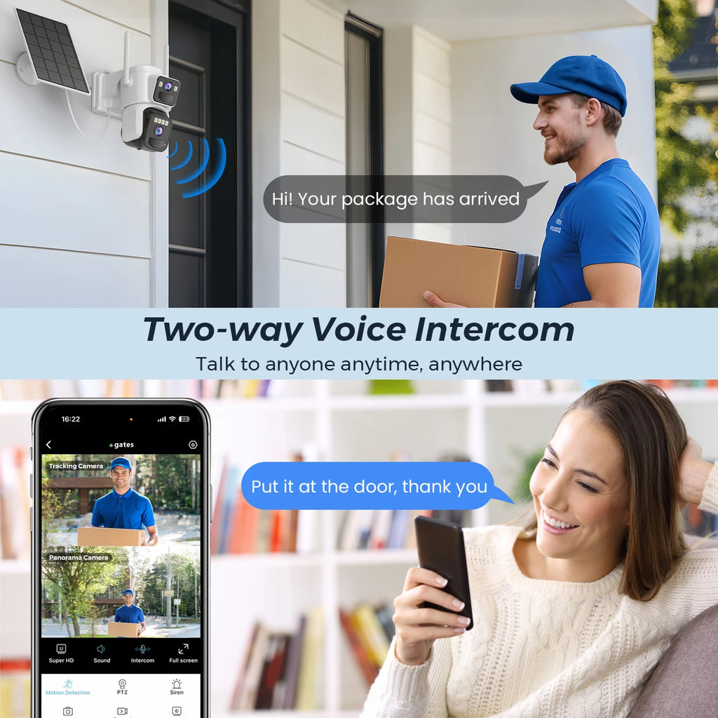 10MP PZT Solar IP Camera WiFi Outdoor 5K HD Dual Lens Home Security Camera Built in Battery Solar Panel and AI Person Detection
