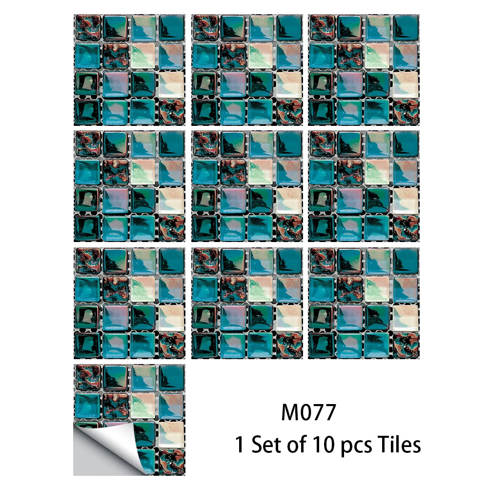 Teal mosaic tile sticker set with glossy square tiles, waterproof peel-and-stick film (10 pcs)