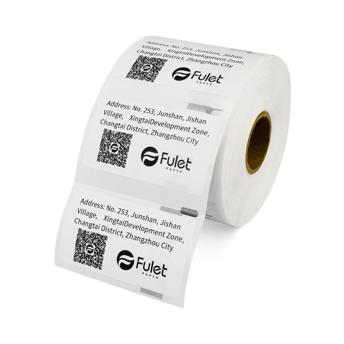 White barcode label roll with printed address blocks and QR codes.