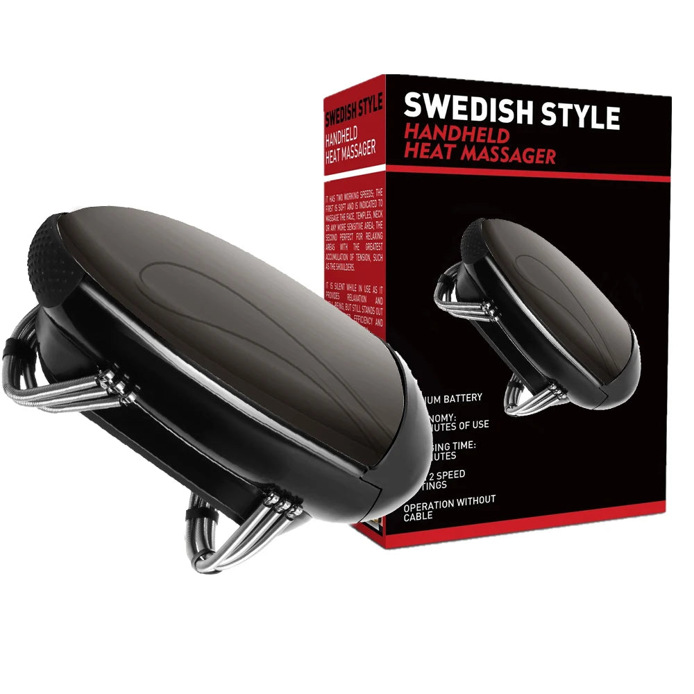 Black, oval handheld heat massager with flexible metal spring-like attachments for body muscle relief and relaxation.