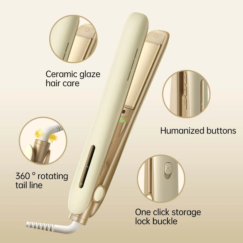 Beige 2-in-1 hair straightener and curler with ceramic plates, 360° swivel cord, and smart temperature control.