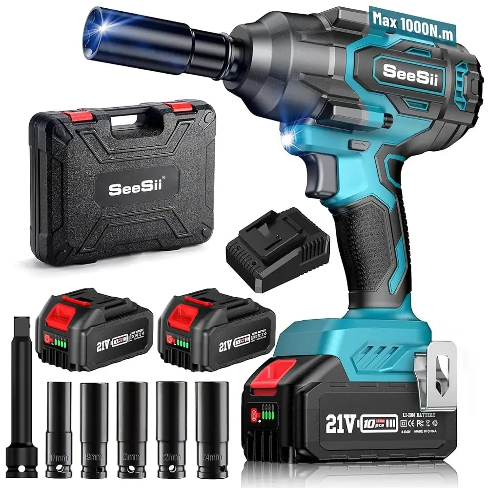 SeeSii 900Nm 1000Nm 1300Nm Cordless Impact Wrench Brushless Electric Impact Gun Kit Battery Powered Tool For Car Tire Repair with 2*4.0Ah Batteries Case LED Light For Makita