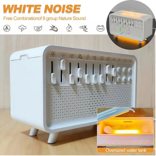 White noise machine for sleep: sleek white sound machine with adjustable sliders, buttons, and glowing water tank.