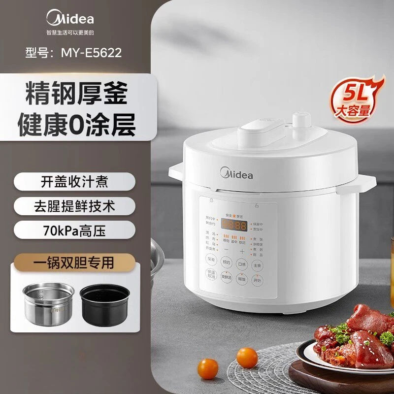 Midea 5L white electric pressure cooker with lid, control panel, and dual inner pots