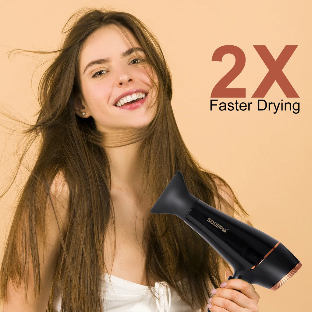 Black professional salon hair dryer with nozzle attachment for 2X faster quick-drying styling.