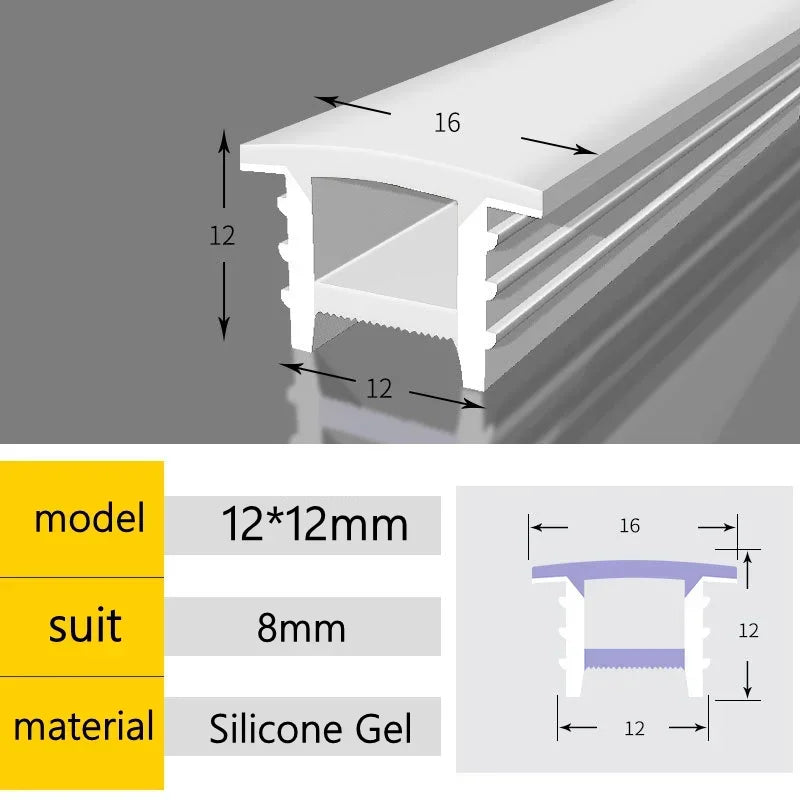 Recessed LED diffuser channel, white silicone gel tube, 12x12mm for 8mm strip