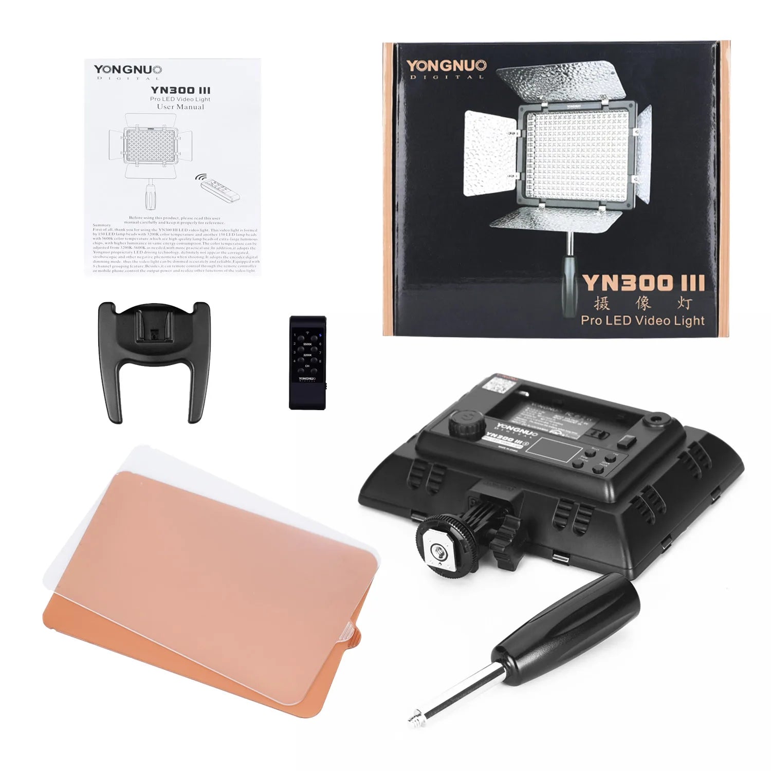 YN300 III LED video light kit with panels, handheld grip, remote control, and diffuser filters for photography.