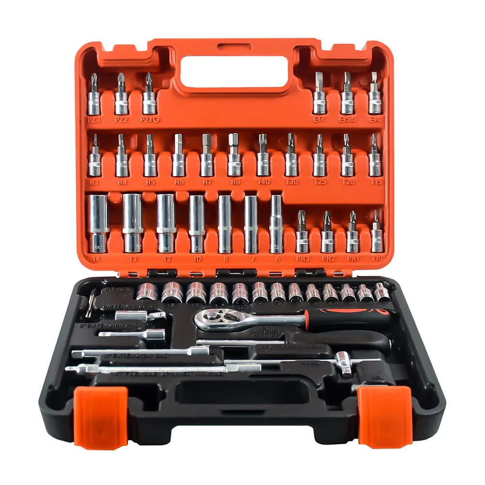 LeeKooLuu 53 Pcs 1/4 inch Drive Socket Ratchet Wrench Tool Set with Bit Socket Set Metric and Extension Bar for Auto Repairing