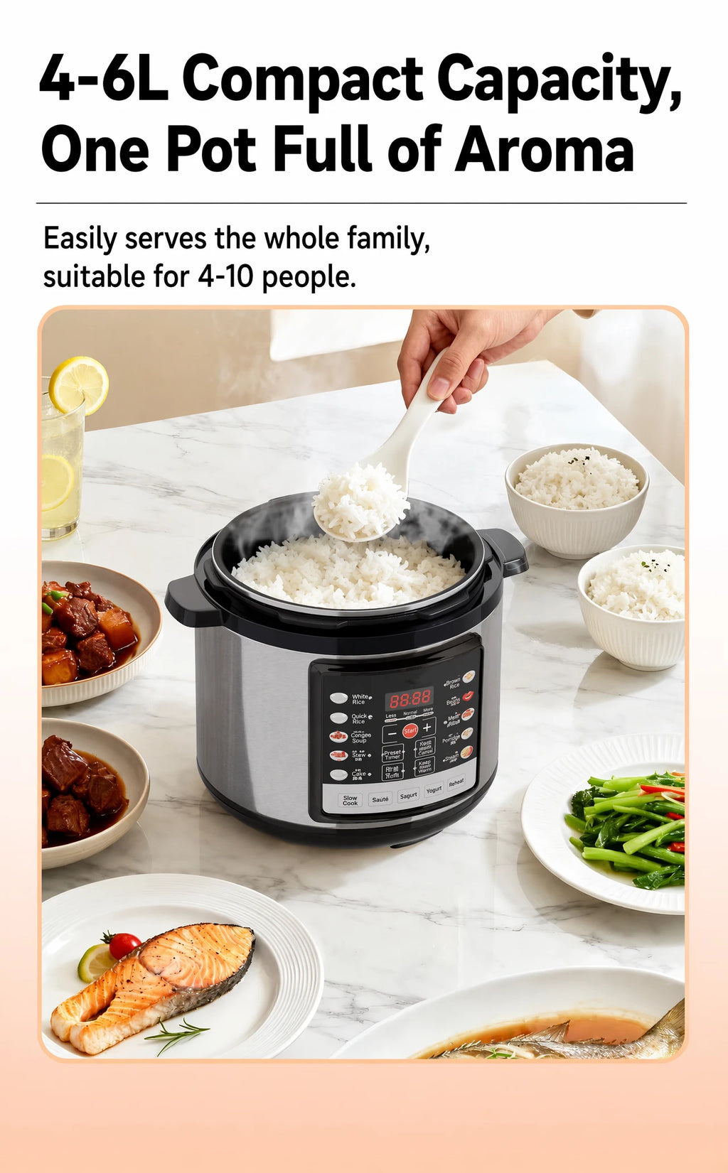 Compact 4–6L electric multi-cooker with open pot lid and rice bowls