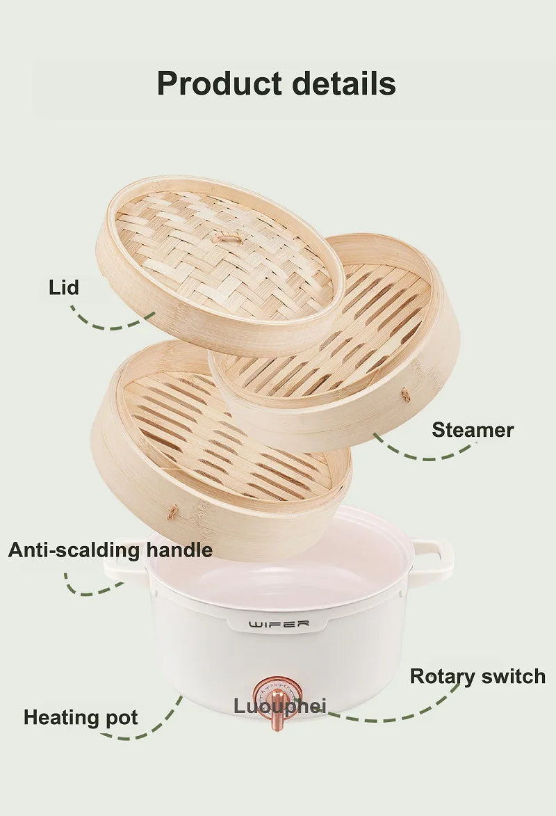 Beige electric bamboo steamer with lid, heating pot, anti-scalding handles, and rotary switch