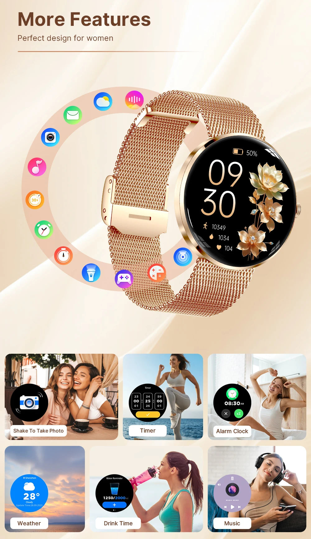 MEVADEN 8.5mm Utra-thin Stainless Steel Smartwatch 1.43 inch AMOLED Screen Women Bluetooth Call Health Monitor Sport Smart Watch