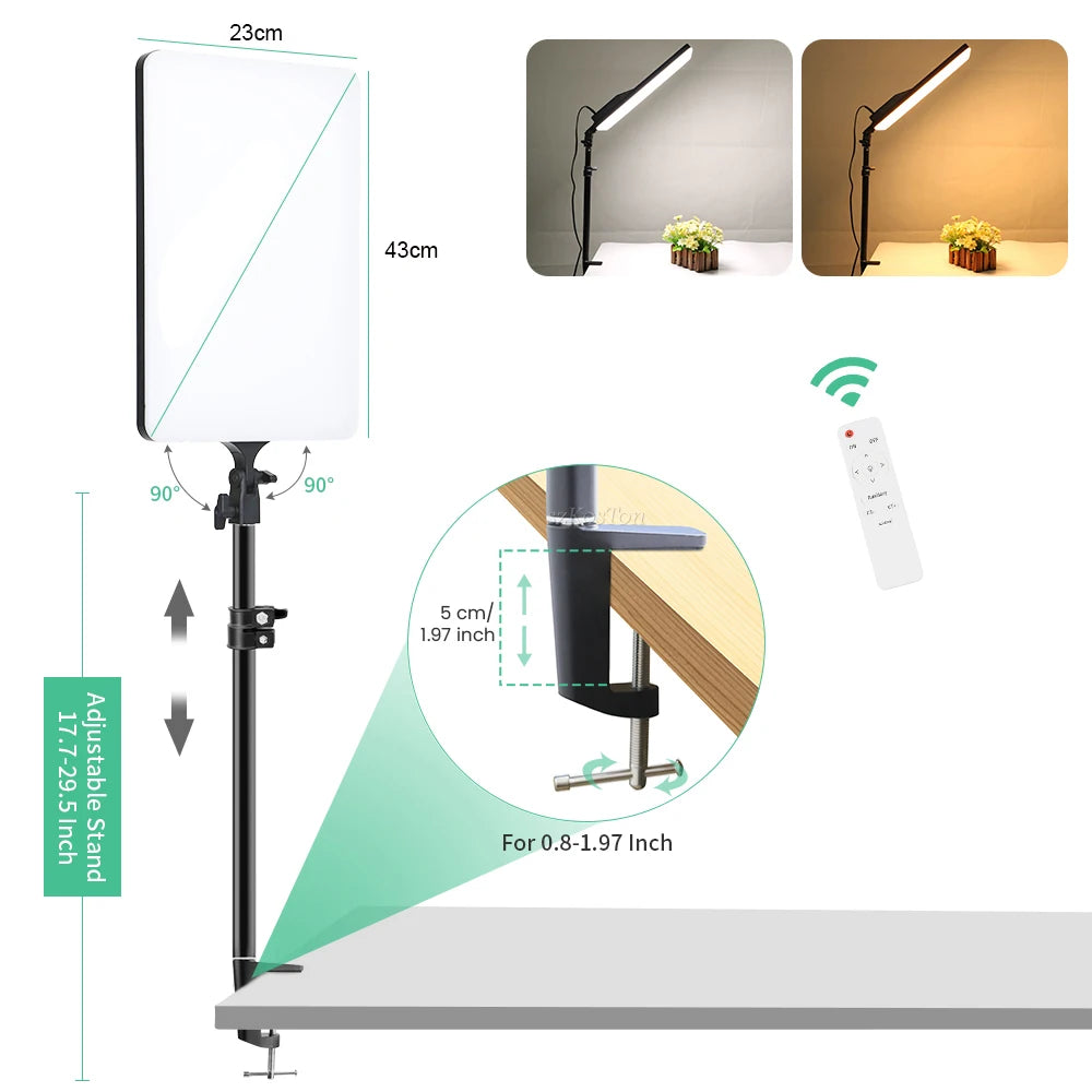 Rectangular 23x43cm LED panel light with adjustable stand and desk clamp for photography and video lighting.