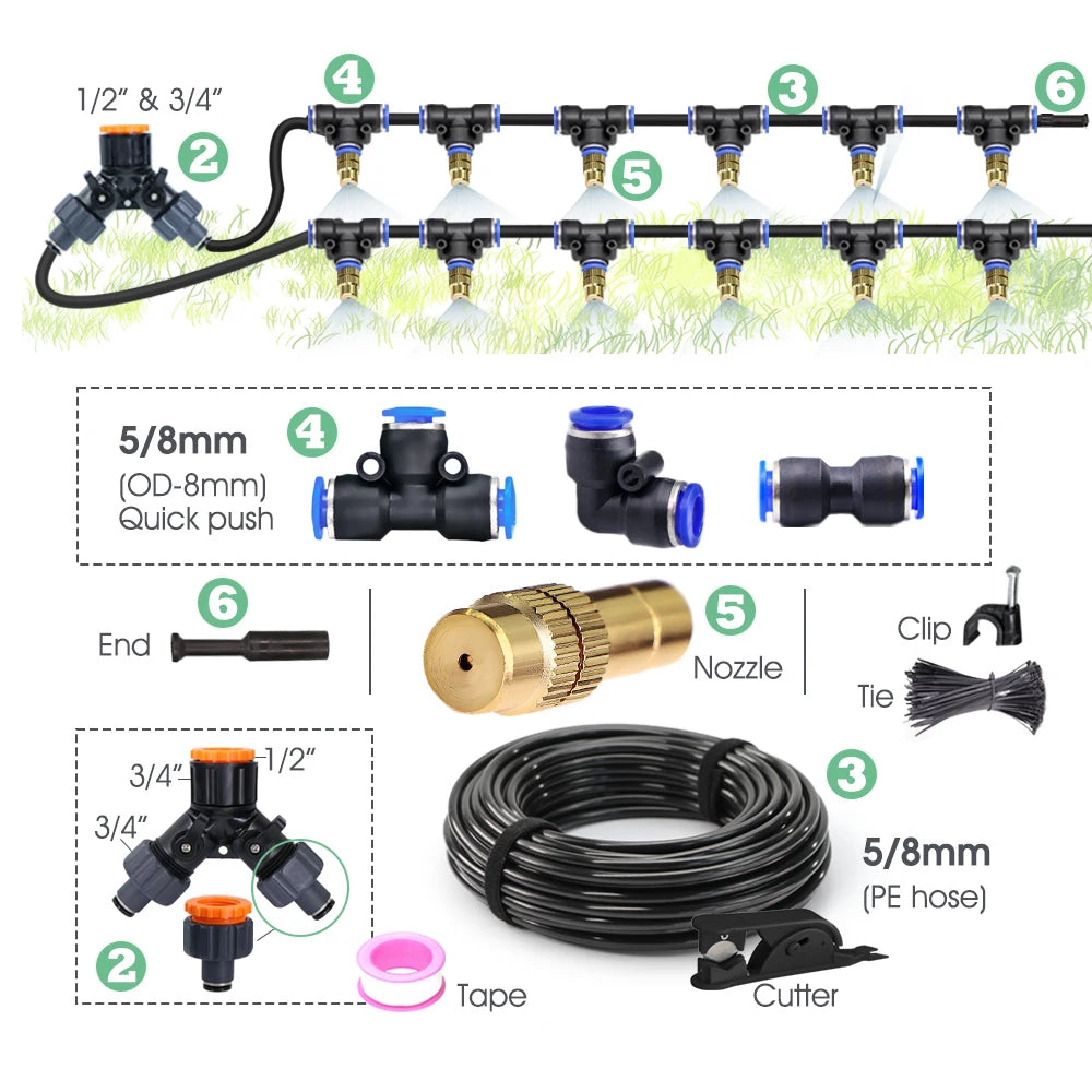 30-5M Outdoor Garden Adjustable Brass Nozzle Atomizer Kit 5/8mm Hose Nebulization Humidification Cool Watering System Lawn Spray