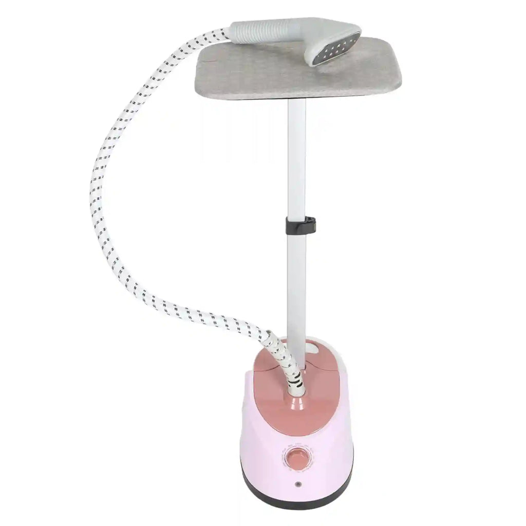 Tidesmit standing garment steamer in light pink showing flat and hanging ironing features for clothes