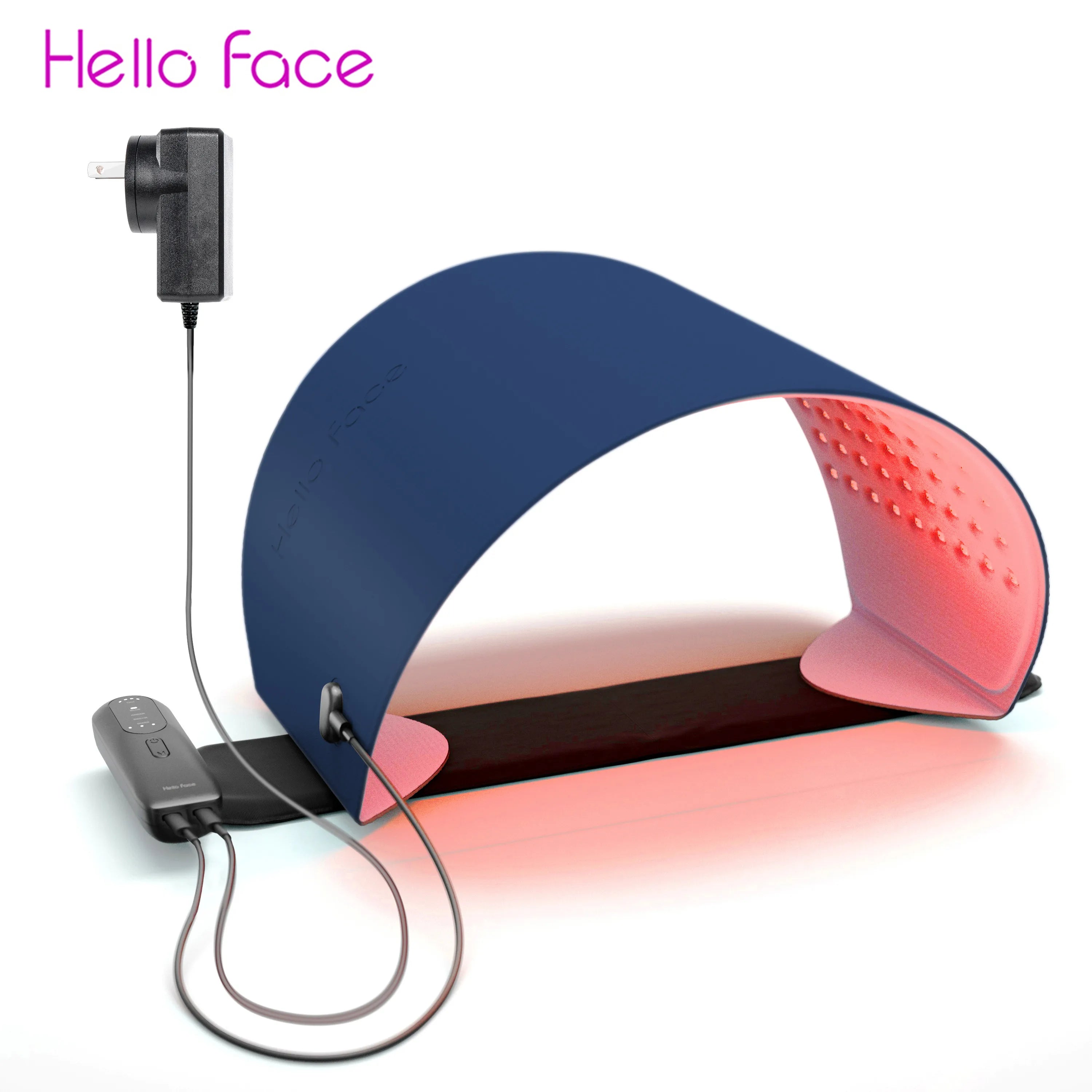 Blue LED light therapy arch with pink inner side, showing red light, power cord, and handheld control.