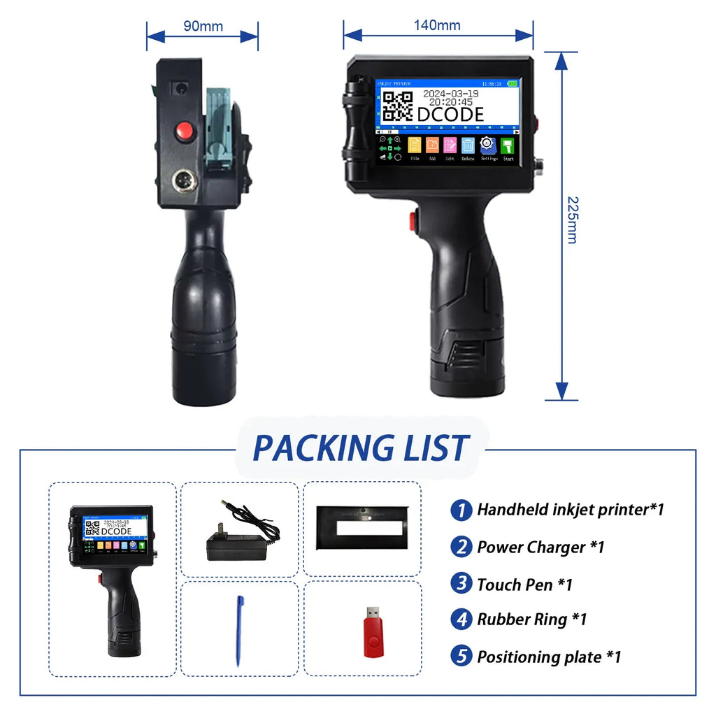 Handheld inkjet printer with front control section, size diagram, and packing list layout