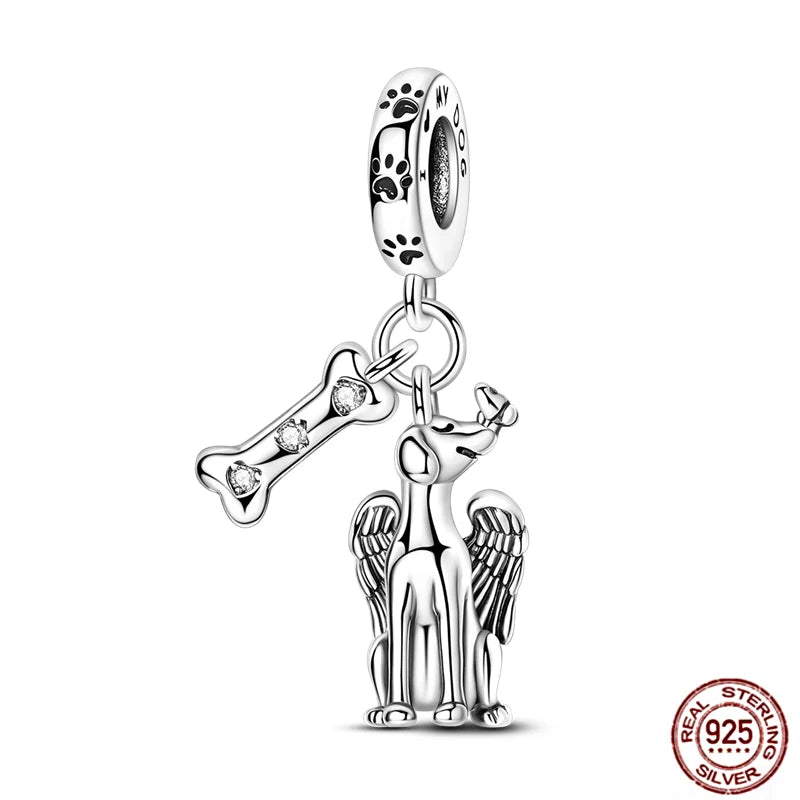925 sterling silver angel dog and bone charm for Pandora-style charm bracelets. Cute pet jewelry for dog lovers.