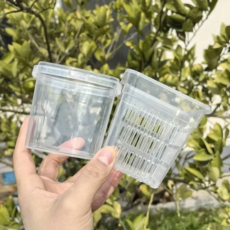 Clear plastic inner and outer orchid pot parts shown separately for detaching
