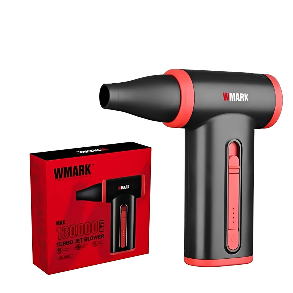WMARK 130k RPM portable turbo jet blower hair dryer in black and red with nozzle attachment and matching gift box.