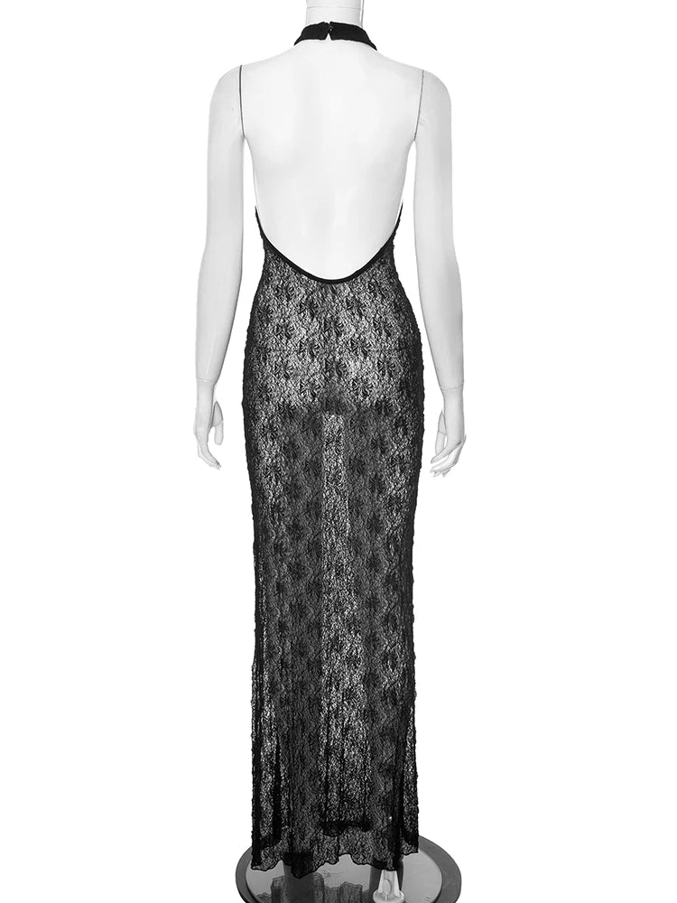 Weird Puss Mesh See Through Sexy Backless Maxi Dress Women Button Halter Sleeveless Midnight Trend Club Party Peach Hip Vestidos