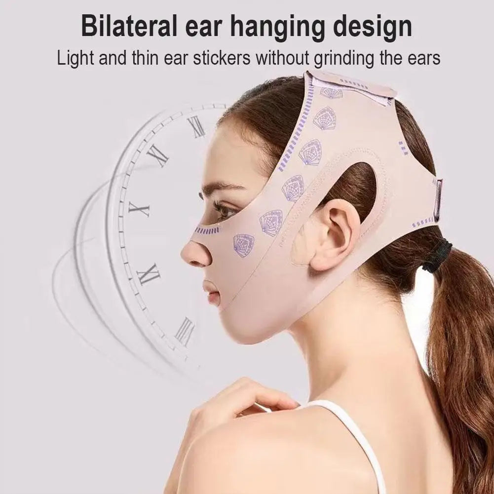 A person wearing a beige, V-line facial lifting strap with purple fan patterns and ear-cutout design.