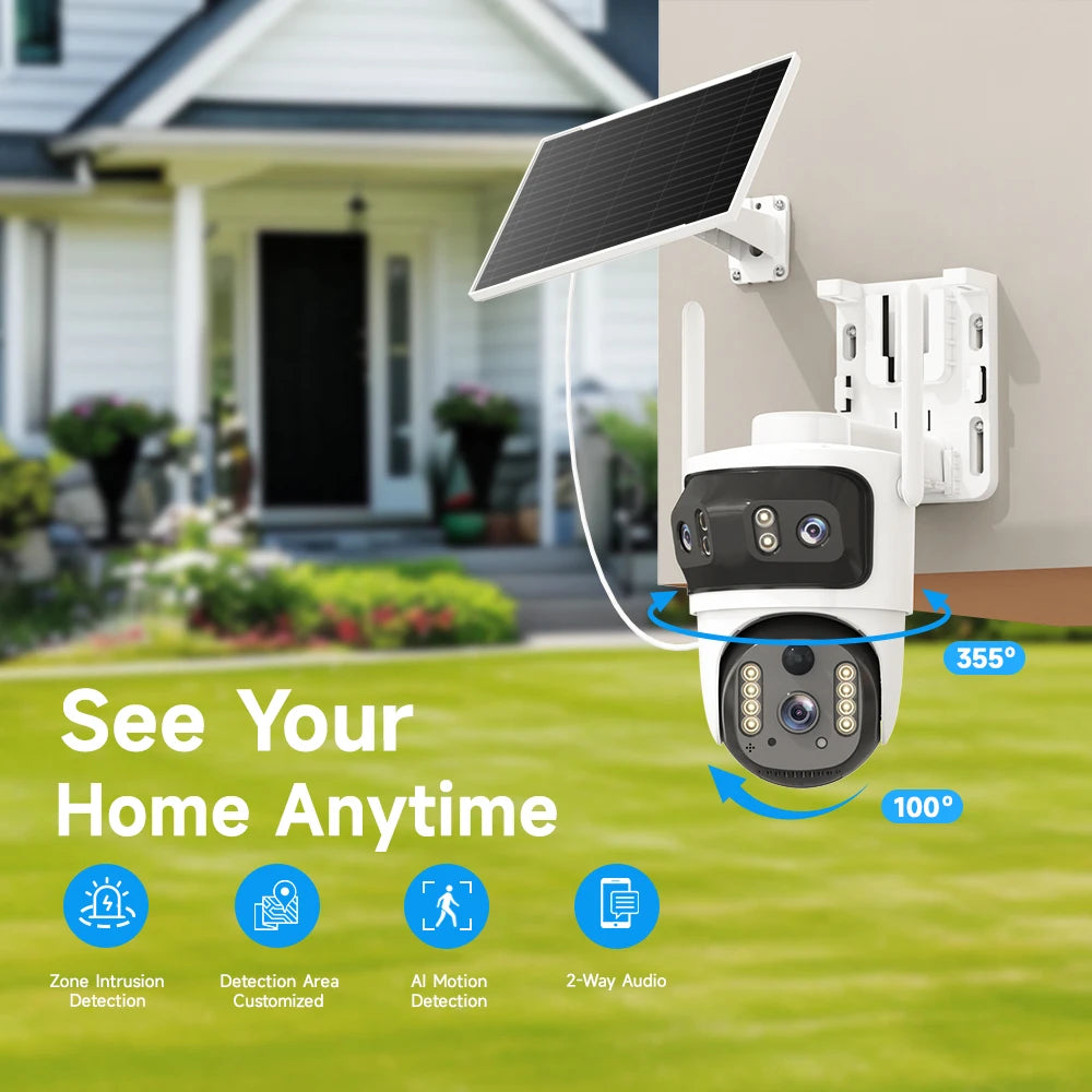 V380 Security Camera 3 Lens 12MP HD 4G Wireless Outdoor Automatic Tracking Humanoid PIR AI Detection 10000mAh PTZ Camera