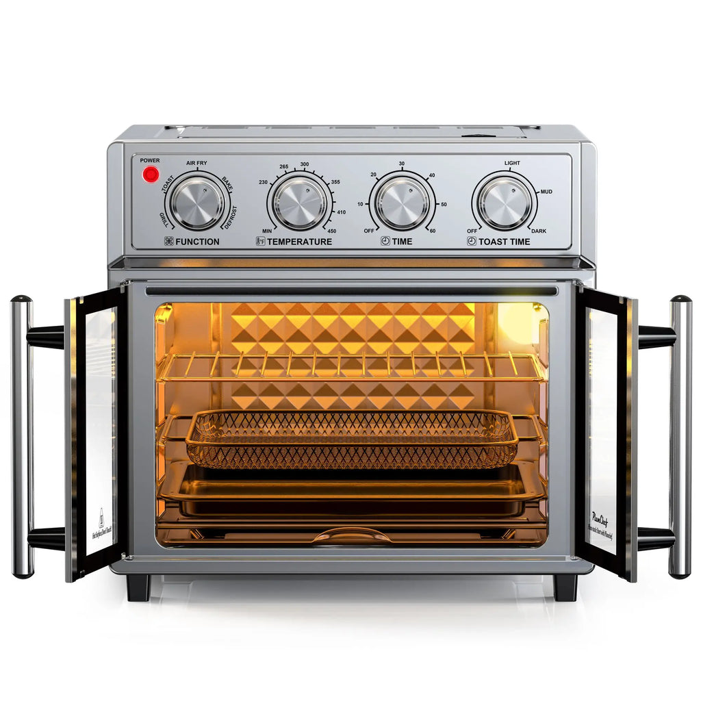 29.5 QT French Door Air Fryer Convection Toaster Oven, Extra Large 6 Slices, 1700W, Multifunction Oven for Air Fryer, Toast, Grill, Defrost, Bake, Time and Temperature Controls, Silver