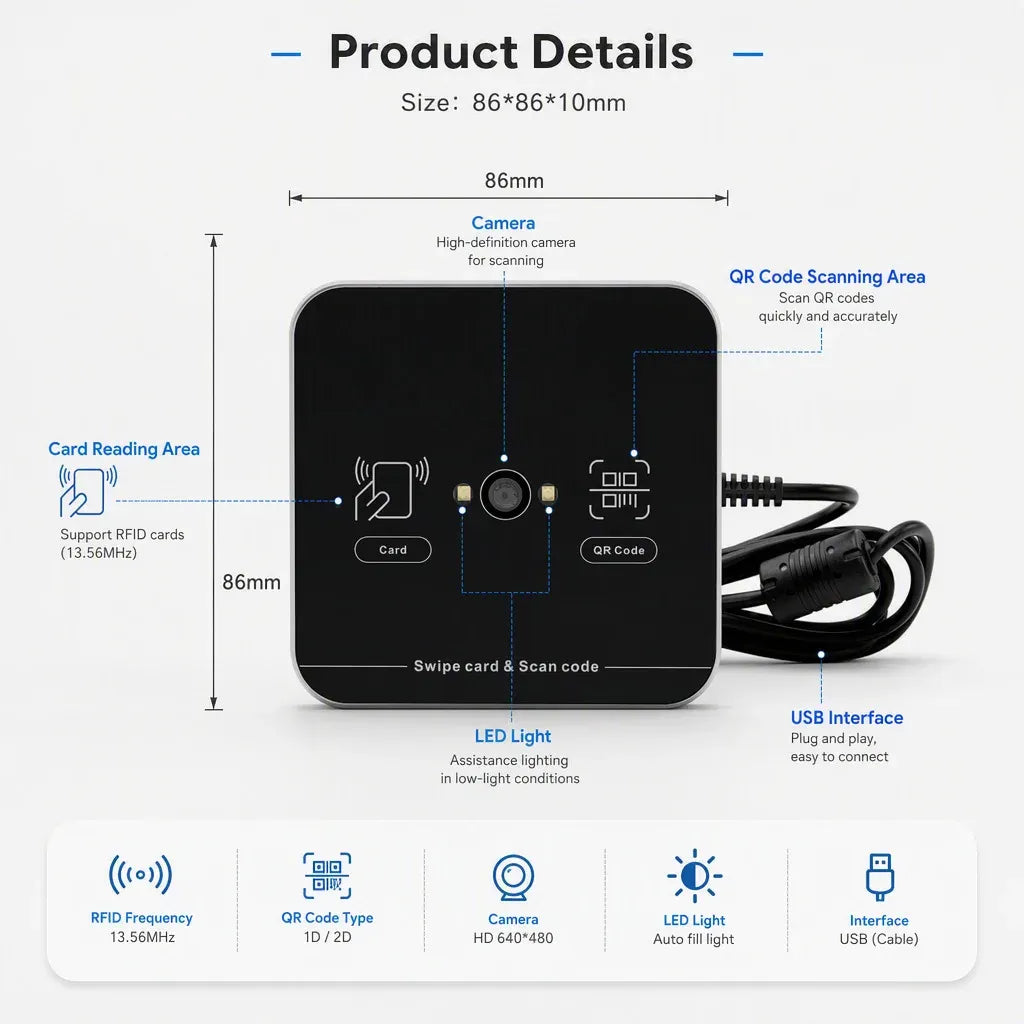 Proximity Contactless RFID Reader 1d 2d  Barcode QR Scanner 125khz 13.56mhz USB Interface QR Code Card Reader