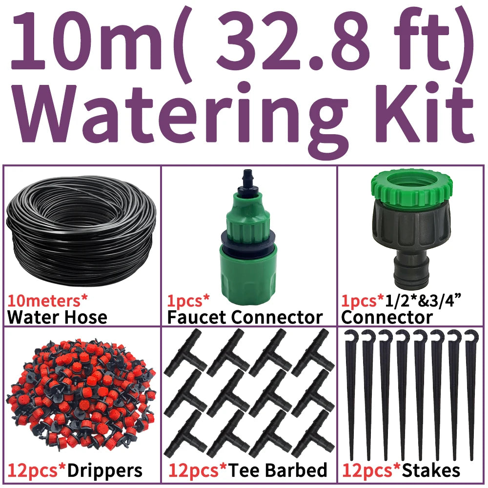 10m micro drip watering kit with water hose, faucet connector, and drippers & stakes