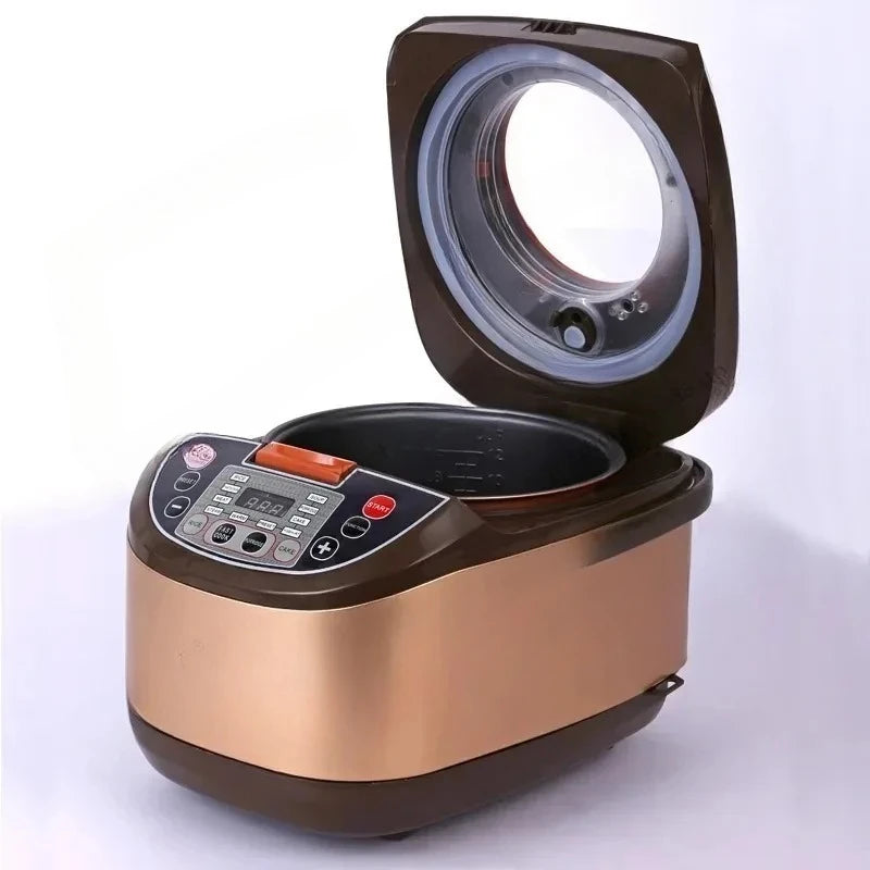 Electric rice cooker with open lid, black top and copper-colored body
