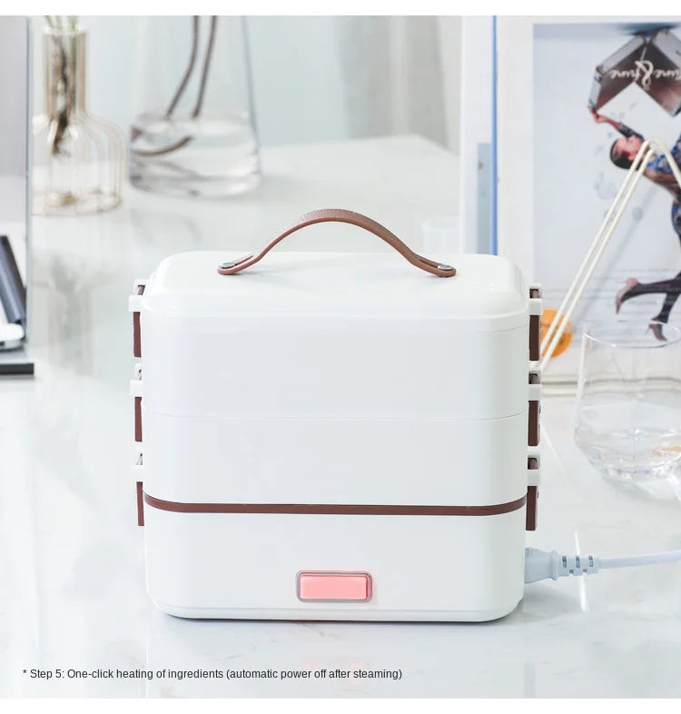 Portable electric heating lunch box, closed with top handle and front indicator light