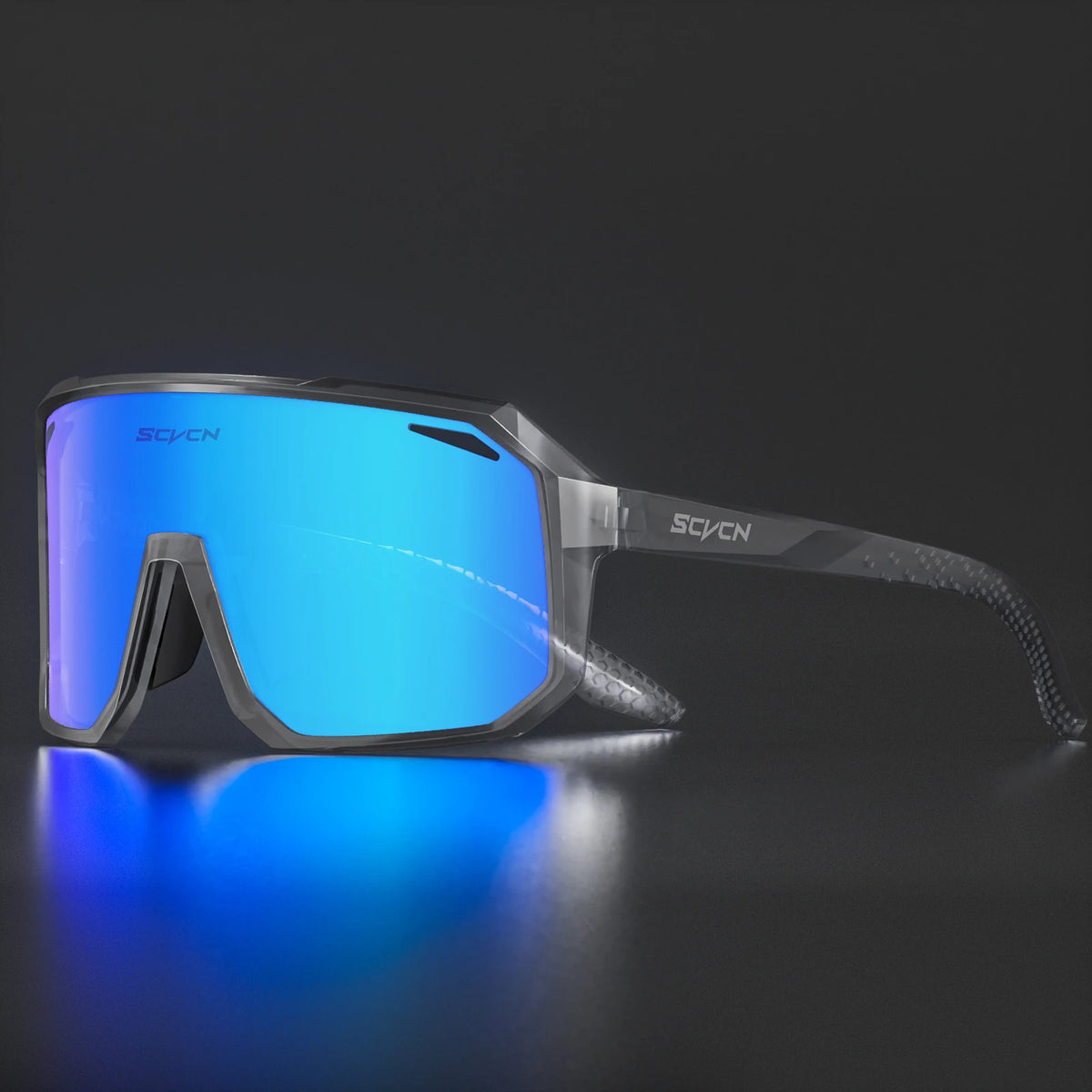 Black cycling sunglasses with blue mirrored full-screen lens and side shield
