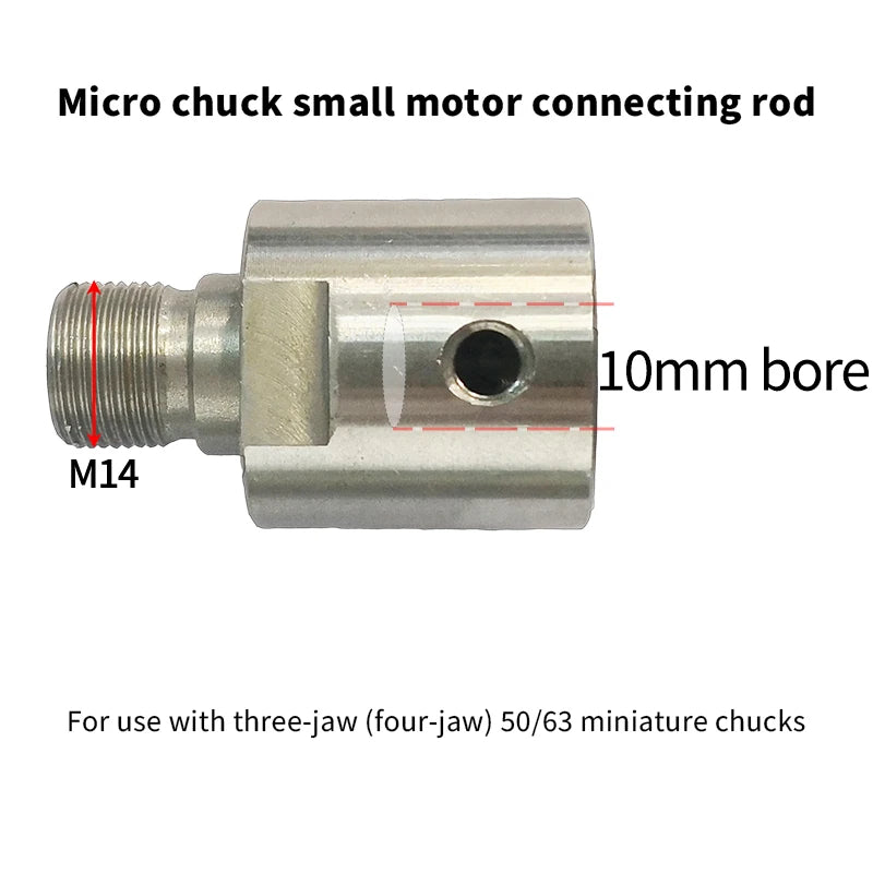 Micro chuck connecting rod, silver metal body with threaded M14 stud and 10mm bore