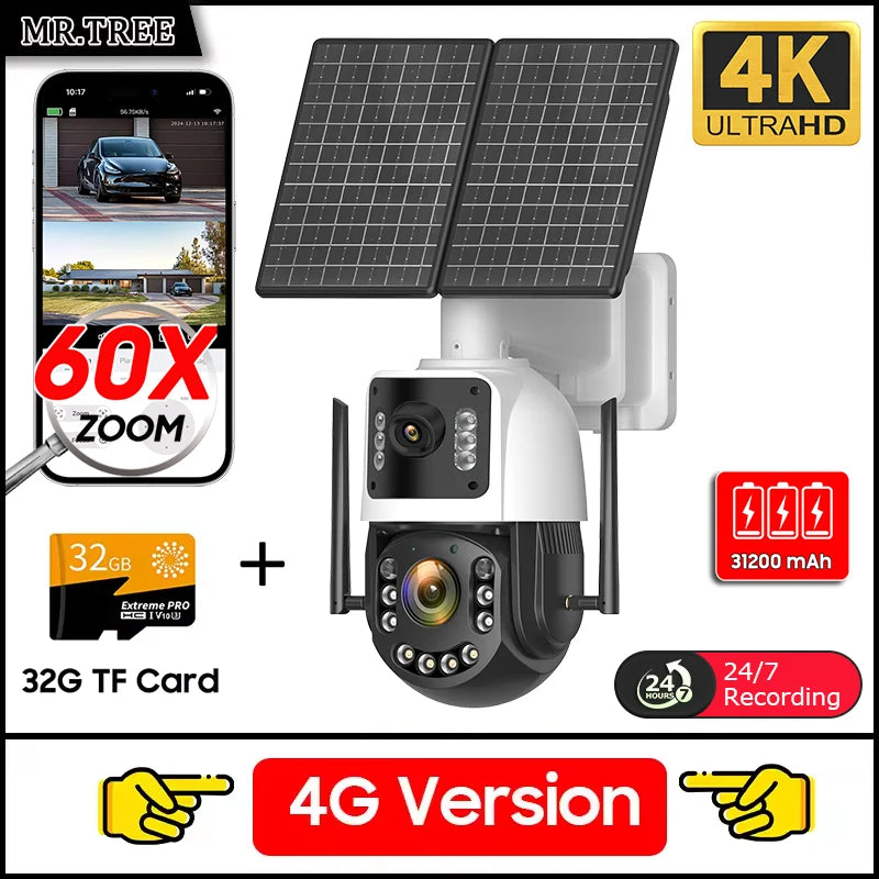 MR.TREE 4G solar security camera kit with dual solar panels and 32GB TF card