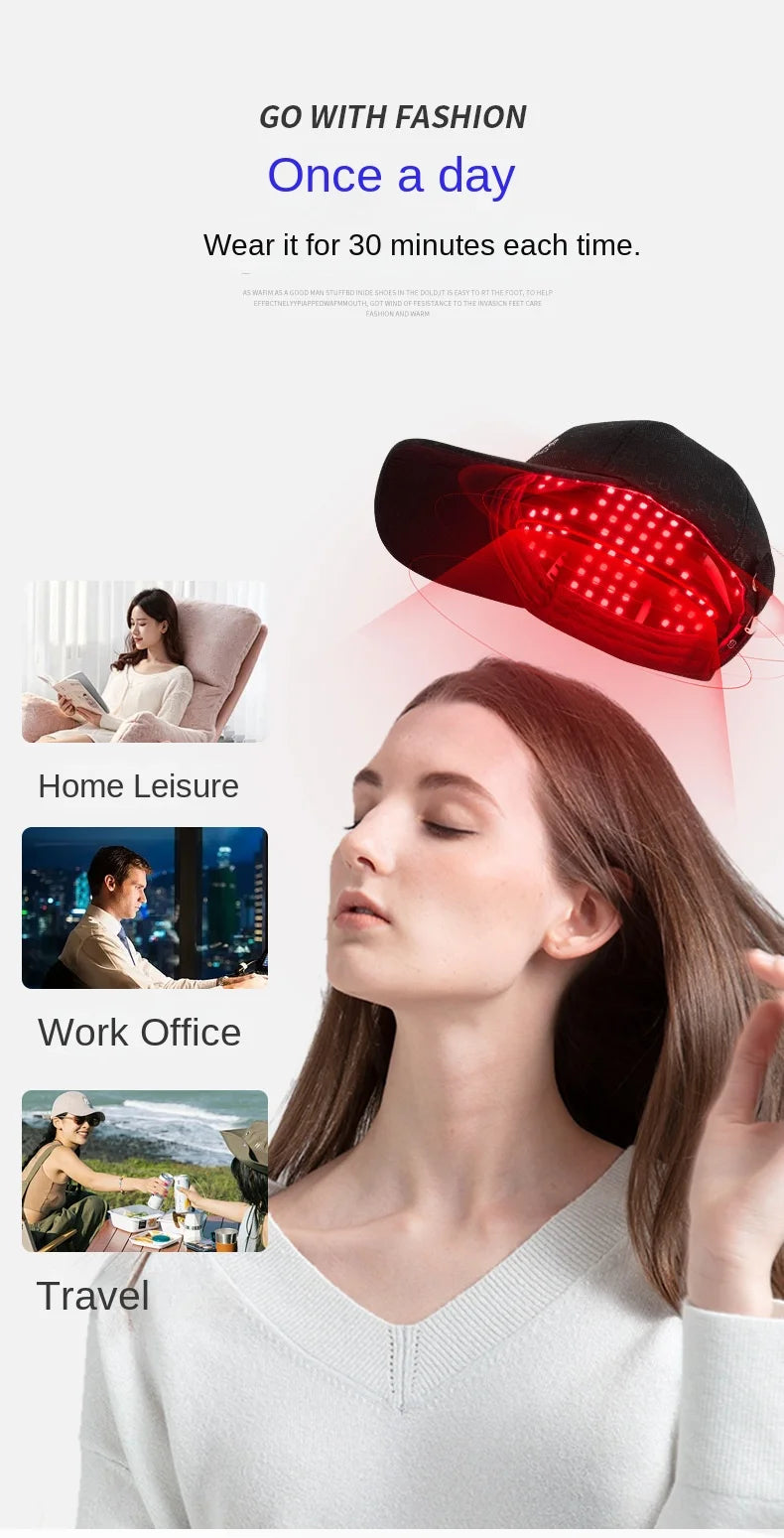 Black LED red light therapy cap for hair growth, scalp health, and relaxation, worn by a woman for daily home use.