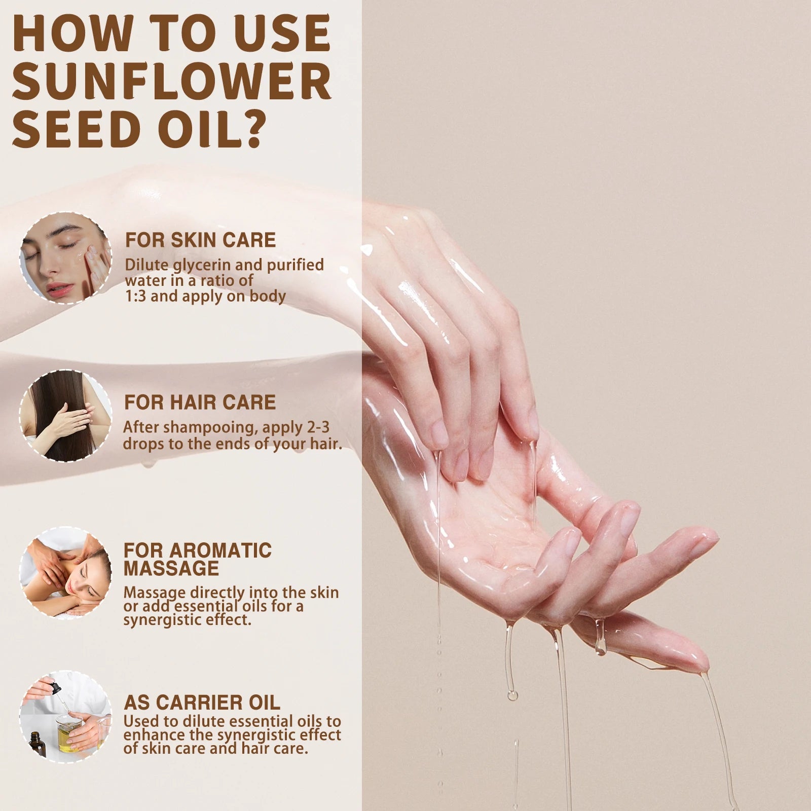 Tidesmit USDA Organic Sunflower Seed Oil instructions for skin, hair, and massage as a natural carrier oil.