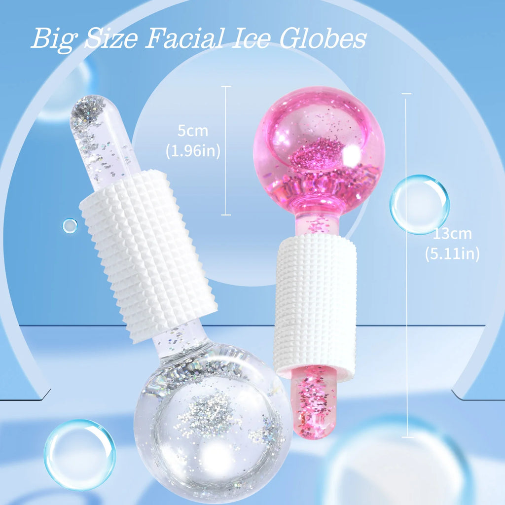 Two glitter-filled glass facial ice globes with white textured handles on a light blue background.