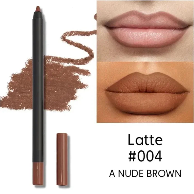 Long-lasting nude brown matte lip liner pencil, waterproof, showing swatch and lipstick application on lips.