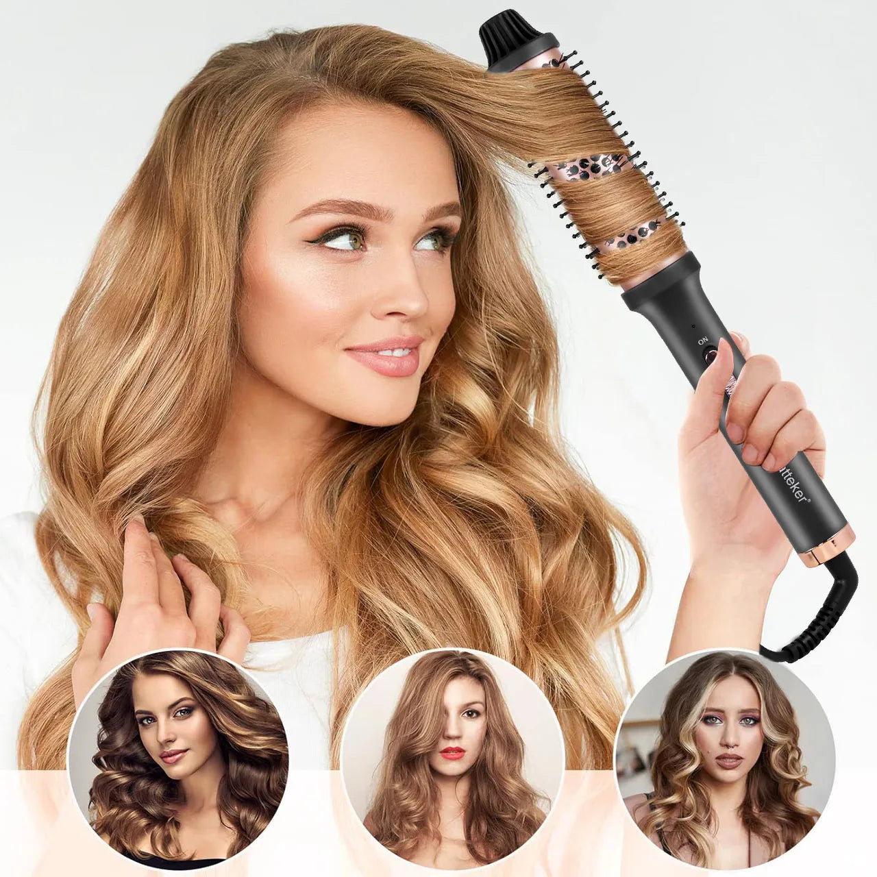 Hatteker electric curling brush with leopard print barrel for effortless curls, volume, and styling long or short hair.