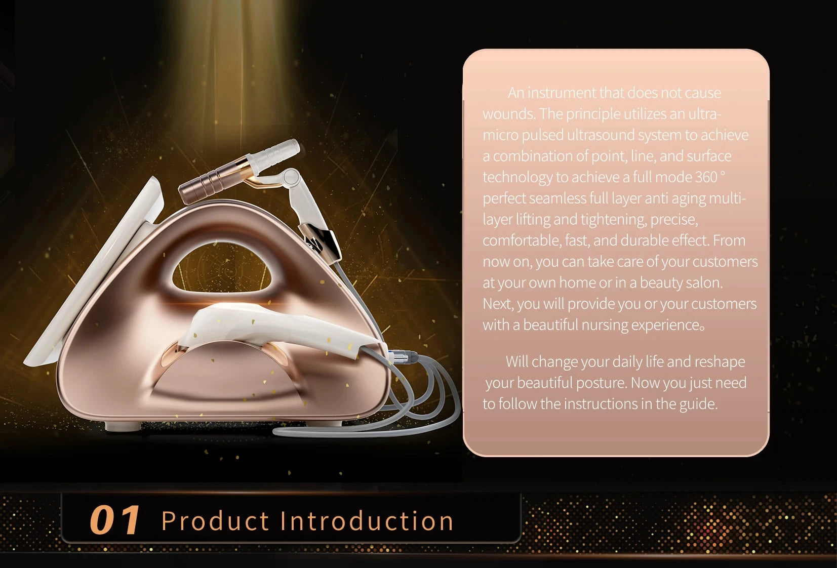 12D facial and body lift machine, rose gold portable aesthetic device for skin rejuvenation, firming, and anti-aging.