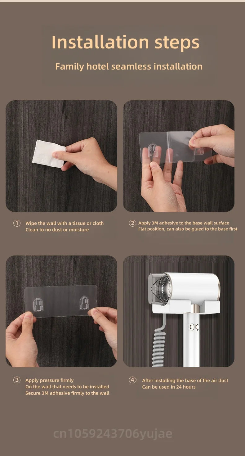White wall-mounted 2200W hair dryer with no-drill 3M adhesive installation for home and hotel use.