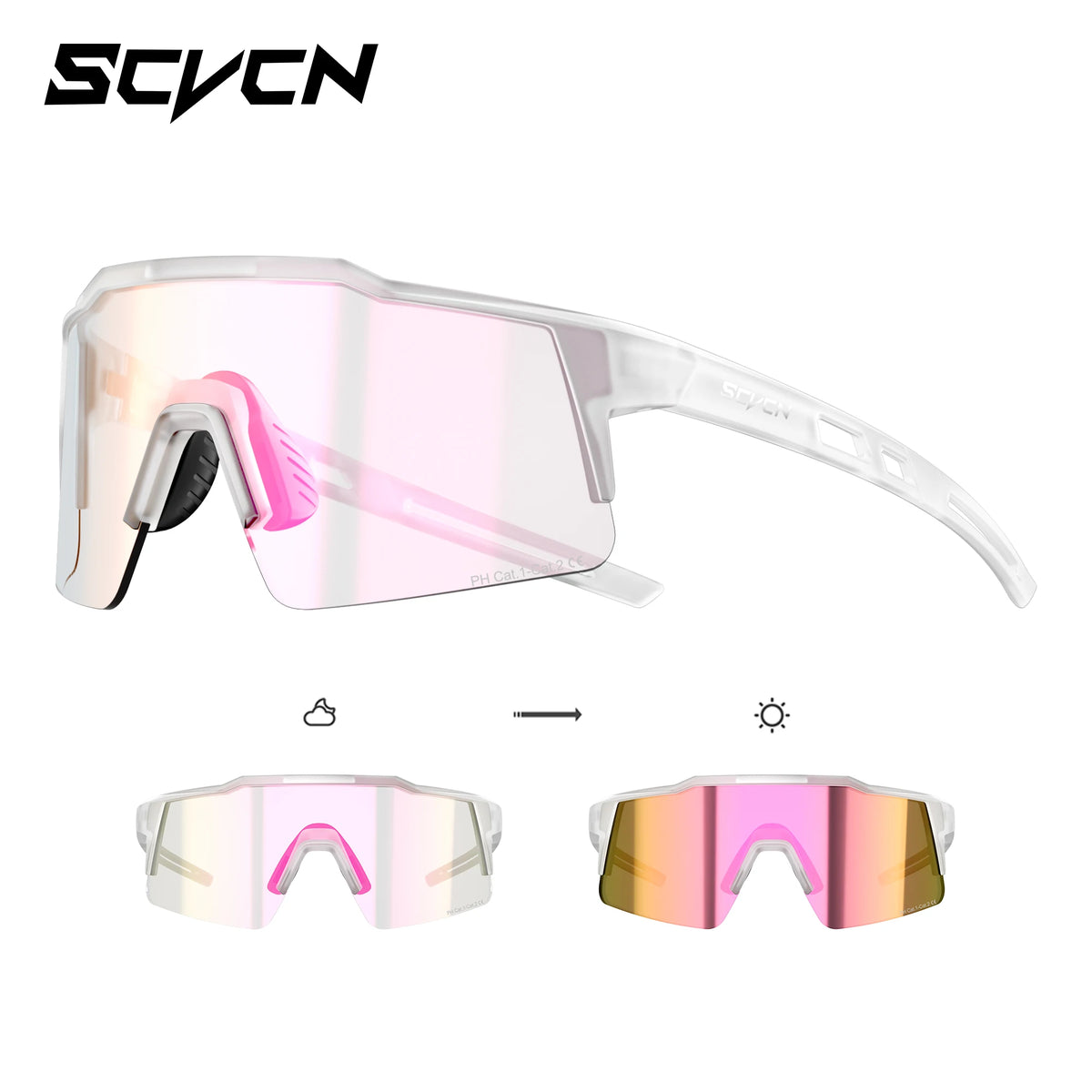 SCVCN photochromic cycling sunglasses, clear frame, pink mirrored lenses