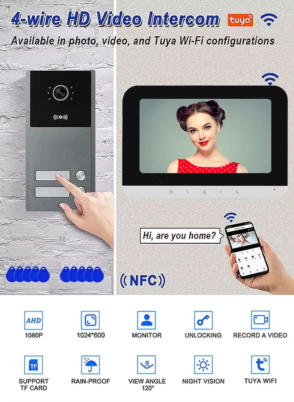 Tuya Wifi 2/3/4 Unit Apartments Residential Video Doorbell Intercom 4 Wire 7 inch Video Intercom System with RFID Card Unlock