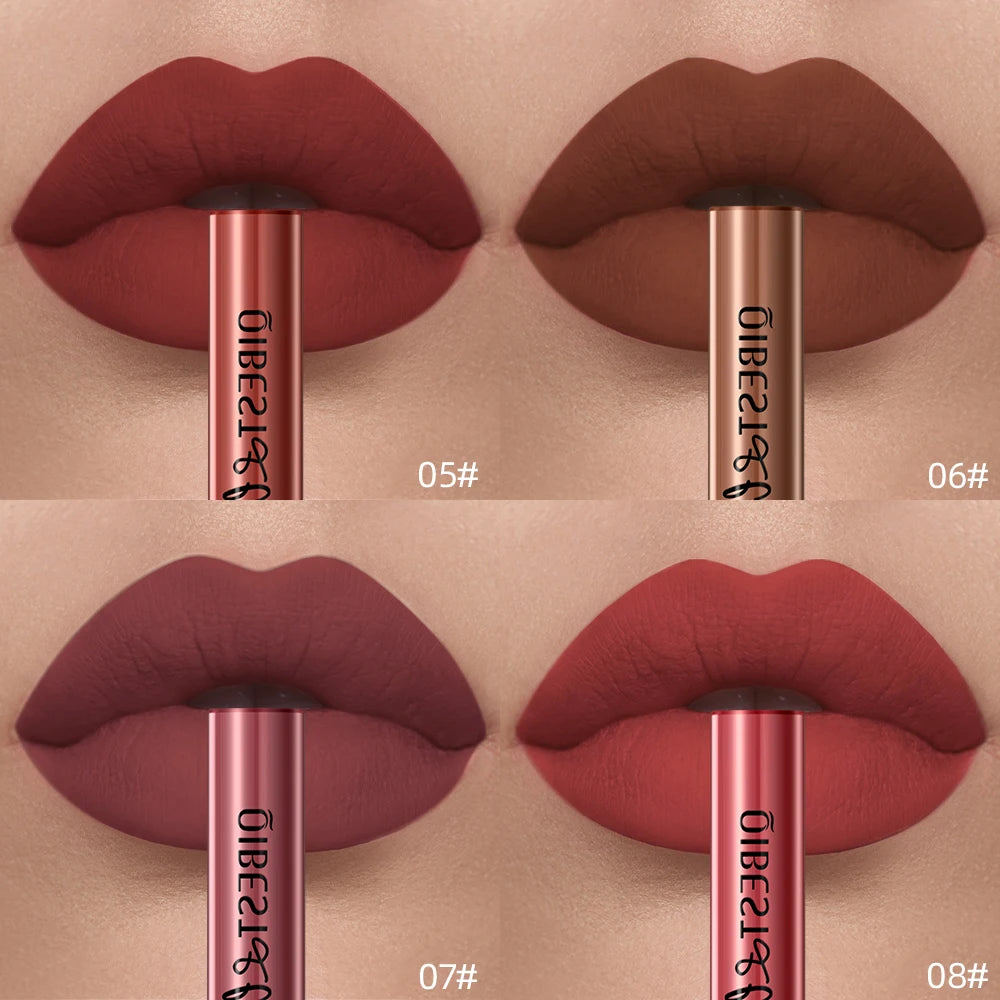 Four swatches of long-lasting, waterproof matte liquid lipstick in nude, red, and brown velvet shades on lips.