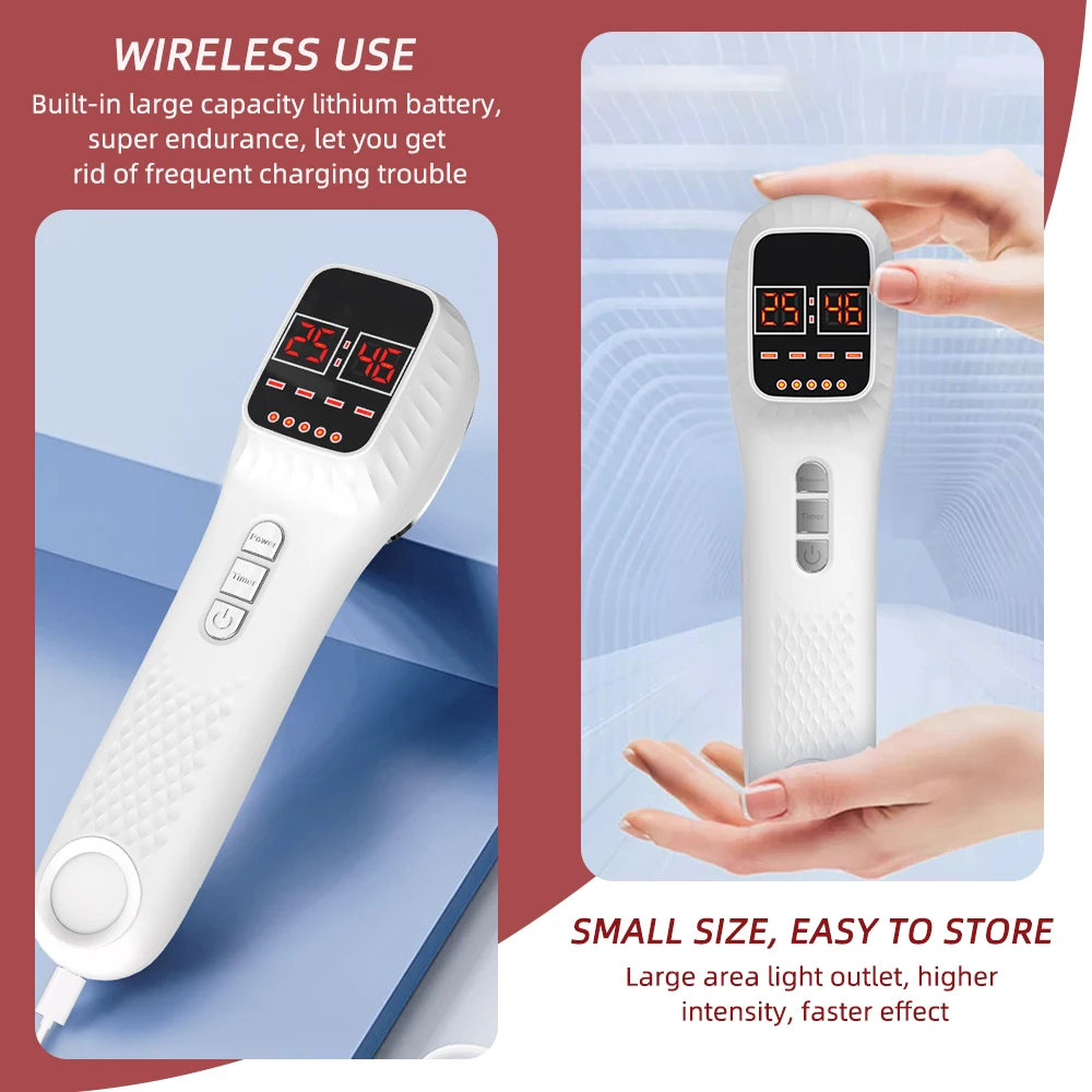 White handheld infrared therapy device with digital display, control buttons, and textured grip held by a hand.