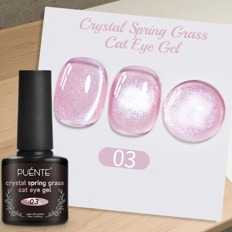 Crystal Spring Grass cat eye gel polish in shade 03: a 7.5ml black bottle with swatches of shimmering pink nail gel.