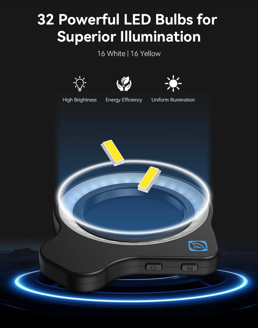 Round black LED ring light with 32 white and yellow bulbs for adjustable illumination.