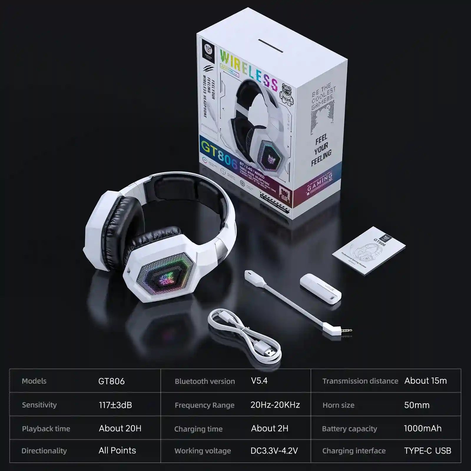 Wireless Gaming Headset with Mic - Noise Cancelling Over-Ear White Tidesmit
